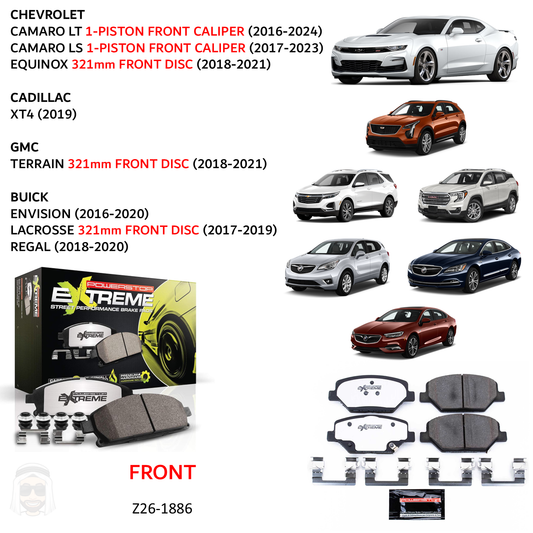 Camaro LT LS (2016-2024) - Front Carbon Ceramic Brake Pads by PowerStop Extreme Z26 (Chevrolet Cadillac XT4 GMC Terrain Buick Envision Lacrosse Regal 321mm 1-piston) (Z26-1886)