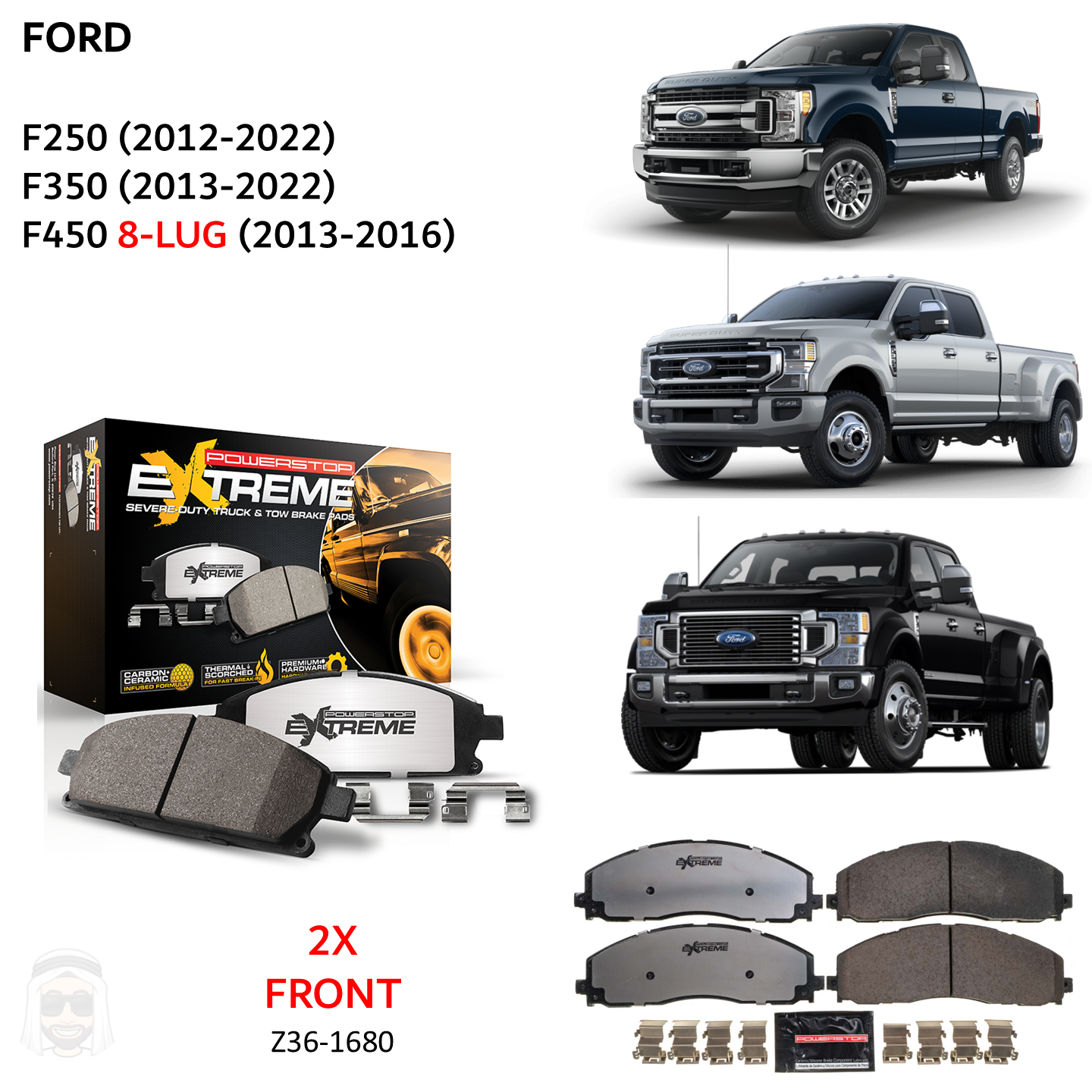 Ford F250 F350 (2012-2022) - Front Carbon Ceramic Brake Pads by PowerStop Extreme Z36 (F450 Super Duty Pickup SRW DRW) (Z36-1680)