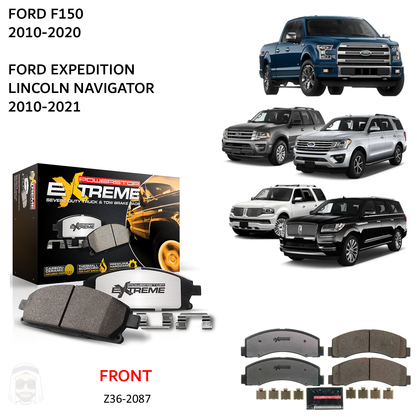 Ford F150 (2010-2020) Front Carbon Ceramic Brake Pads by PowerStop Extreme Z36 (Expedition Lincoln Navigator) (Z36-2087)