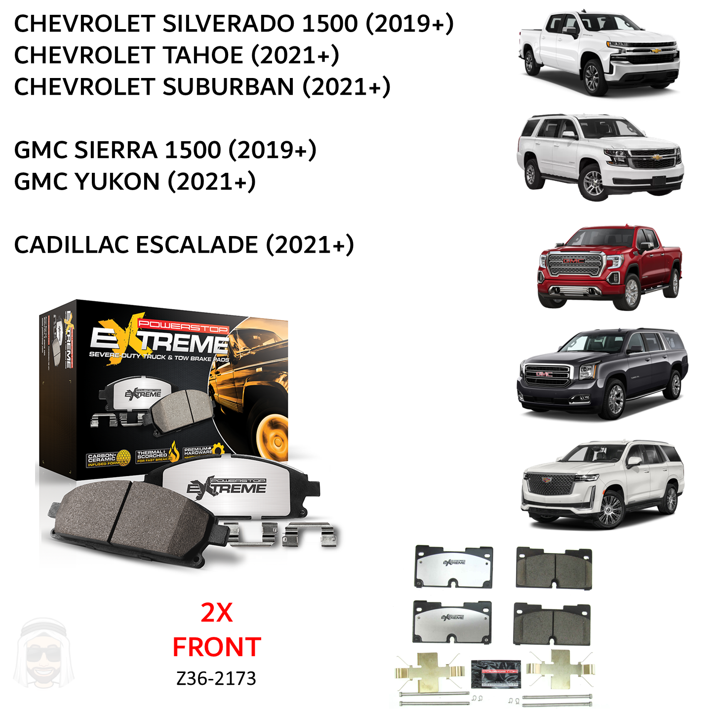 GMC Chevrolet 2019+ Front Carbon Ceramic Brake Pads by PowerStop Extreme Z36 (Sierra Silverado 1500 Tahoe Suburban Yukon XL Denali Cadillac Escalade) (Z36-2173)