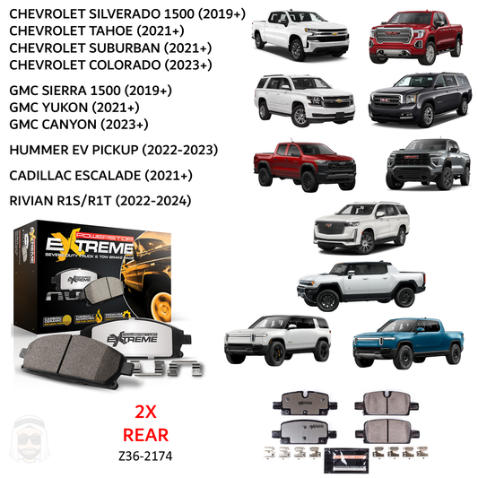 GMC Chevrolet 2019+ Rear Carbon Ceramic Brake Pads by PowerStop Extreme Z36 (Sierra Silverado 1500 Tahoe Suburban Yukon XL Denali Cadillac Escalade Colorado Canyon Hummer EV Pickup Rivian R1S R1T) (Z36-2174)