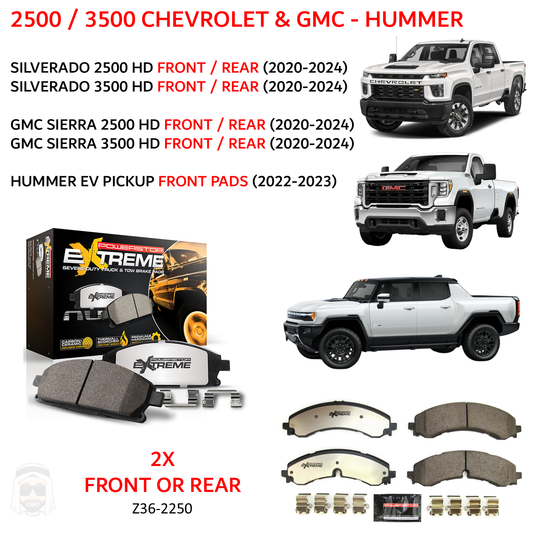 GMC Chevrolet 2500 3500 (2020+) Front and Rear Carbon Ceramic Brake Pads by PowerStop Extreme Z36 (Silverado Sierra 2500 3500 HD SRW DRW Hummer EV) (Z36-2250)