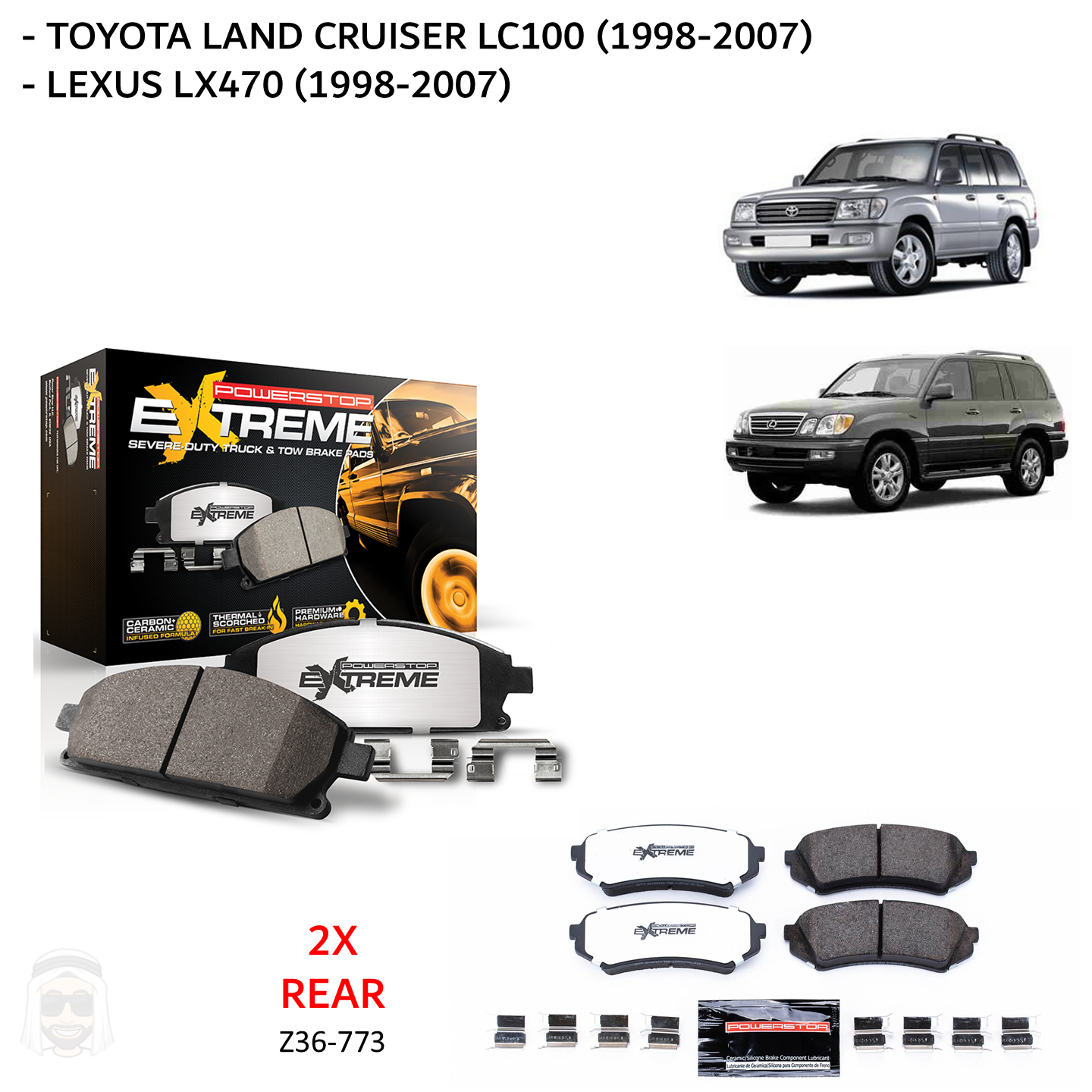 Toyota LC100 and Lexus LX470 - Rear Carbon Ceramic Brake Pads by PowerStop Extreme Z36 (Land Cruiser) (Z36-773)