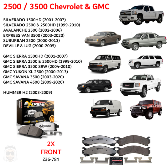 GMC Chevrolet 2500 3500 - Front Carbon Ceramic Brake Pads by PowerStop Extreme Z36 (Silverado Avalanche Express Van Suburban Sierra Yukon XL Savana HD 4500 Hummer H2) (Z36-784)