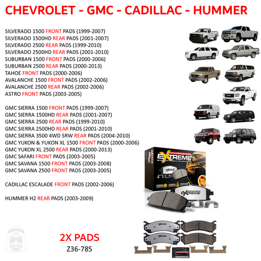 GMC Chevrolet 2500 3500 - Carbon Ceramic Brake Pads by PowerStop Extreme Z36 (Silverado Avalanche Express Van Suburban Sierra Yukon XL Savana HD Cadillac Escalade Hummer H2) (Z36-785)