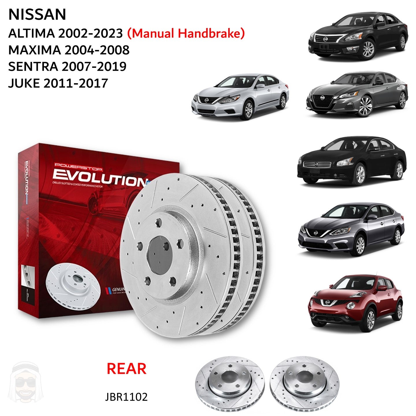 Nissan Altima 2002 to 2023 - Rear Drilled and Slotted Brake Disc Rotors by PowerStop Evolution (Maxima Sentra Juke) (JBR1102XPR)