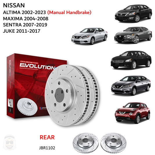 Nissan Altima 2002 to 2023 - Rear Drilled and Slotted Brake Disc Rotors by PowerStop Evolution (Maxima Sentra Juke) (JBR1102XPR)