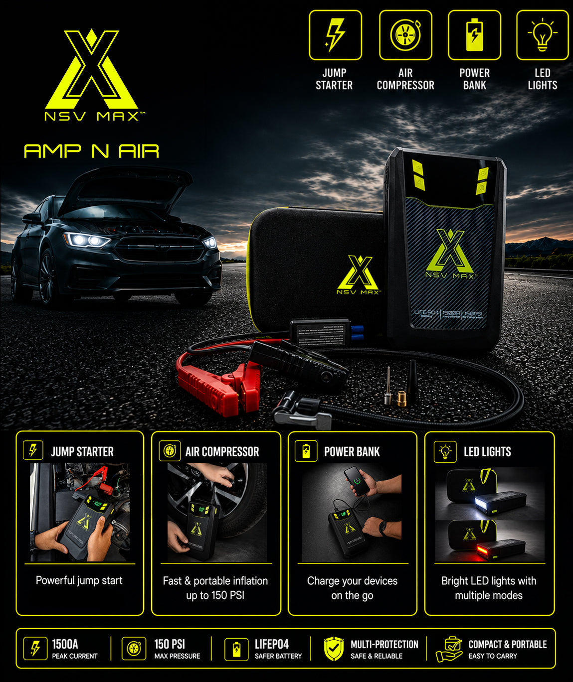 NSV MAX AMP N AIR - POWER PACK - Emergency Jump Starter, Tyre Inflator, Torch Light, Power Bank