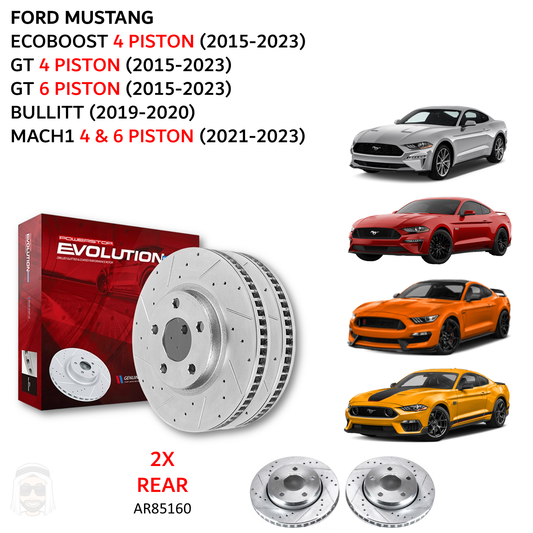 Ford Mustang (4 and 6 piston) (2015-2023) - Rear Drilled and Slotted Brake Disc Rotors by PowerStop Evolution (EcoBoost GT Premium Bullitt Mach 1) (AR85160XPR)