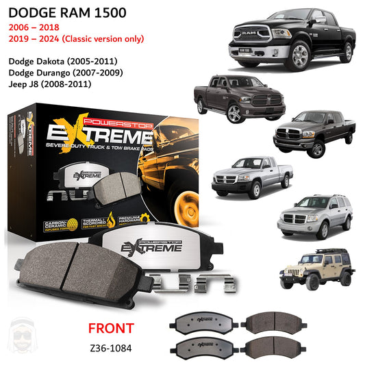 Dodge RAM 1500 Classic 2006 to 2023 - Front Carbon Ceramic Brake Pads by PowerStop Extreme Z36 (Dakota Durango Jeep Wrangler J8) (Z36-1084)