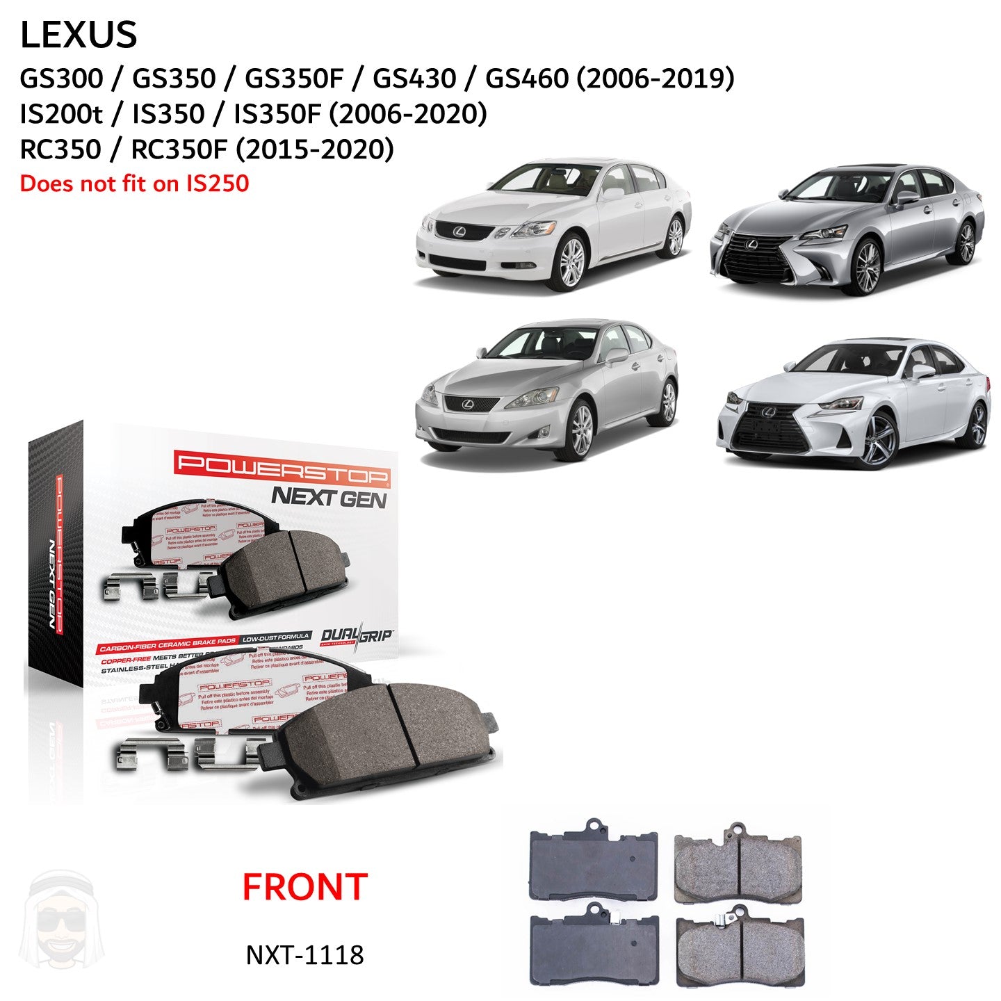 Lexus IS GS - Front Carbon Fiber Ceramic Brake Pads by PowerStop NextGen (GS300 GS350F GS430 GS450h GS460 IS200t IS350F RC350F) (NXT-1118)