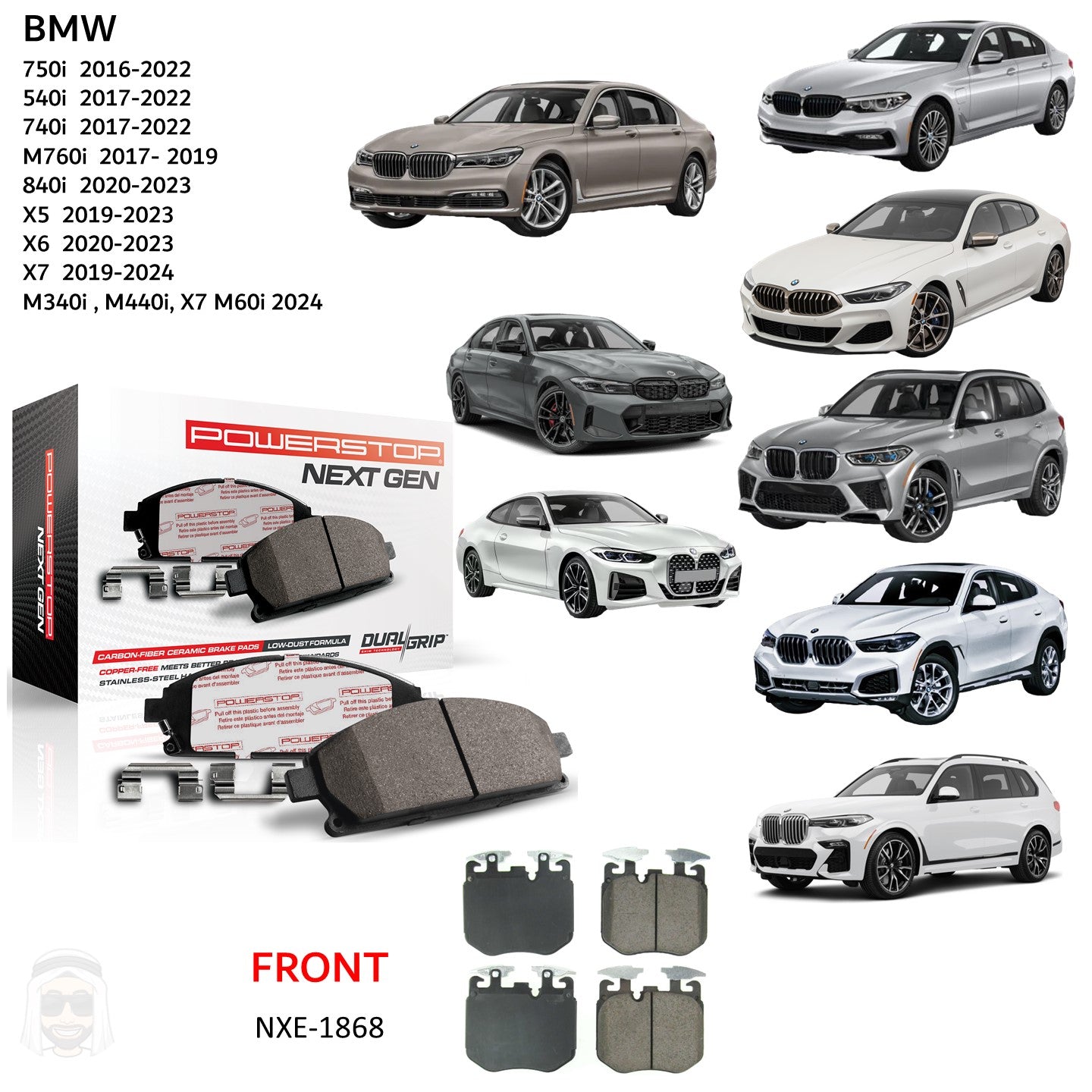 BMW 2016-2025 - Front Carbon Fiber Ceramic Brake Pads by PowerStop NextGen (750i 540i 740i M760i 840i X5 X6 X7 M340i M440i M60i) (NXE-1868)