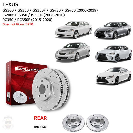 Lexus GS IS RC - Rear Drilled and Slotted Brake Disc Rotors by PowerStop Evolution (GS300 GS350F GS430 GS450h GS460 IS200t IS350F RC350F) (JBR1148XPR)