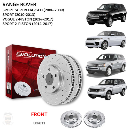 Range Rover Vogue and Sport V6 and V8 (2-piston) - Front Drilled and Slotted Brake Disc Rotors by PowerStop Evolution (Land Rover) (EBR811XPR)